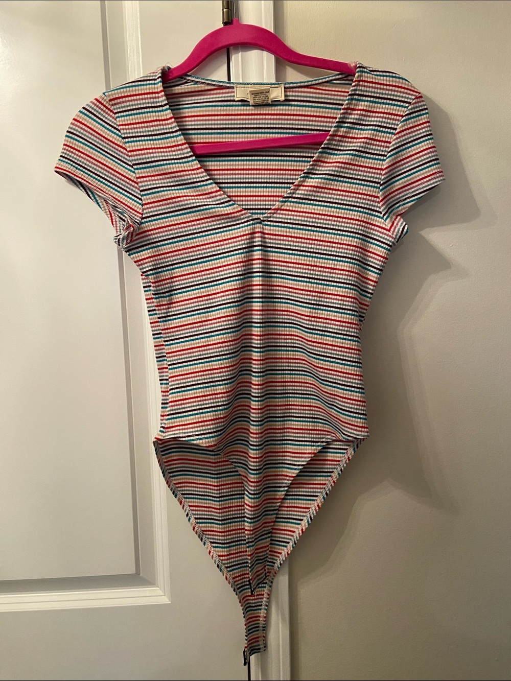 No Comment size small onesie/leotard top rainbow 80s v-neck retro dance/party